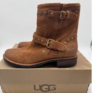 UGG Fabrizia Studded Suede Leather Buckle Moto Ankle Boots Women's Size 6.5‎